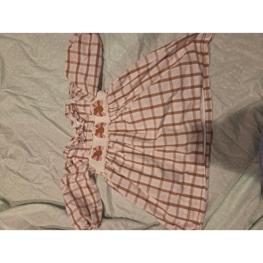 Cecil and Lou Girls Brown Check Smocked Turkey Thanksgiving Dress 2T